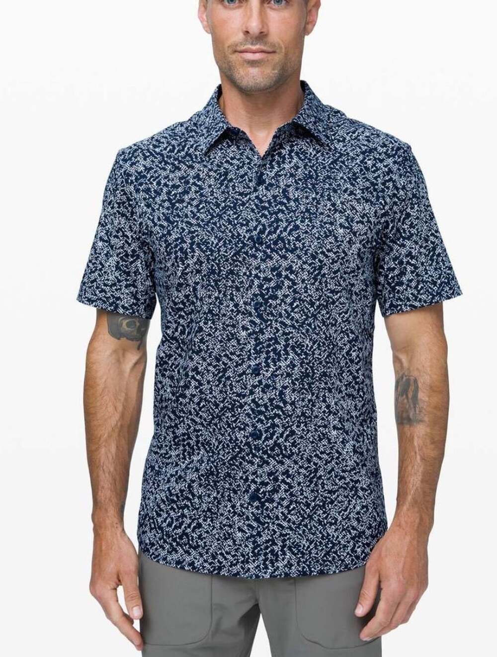 Lululemon Down to the Wire Button Up Shirt Filament True Navy Ice Grey Large